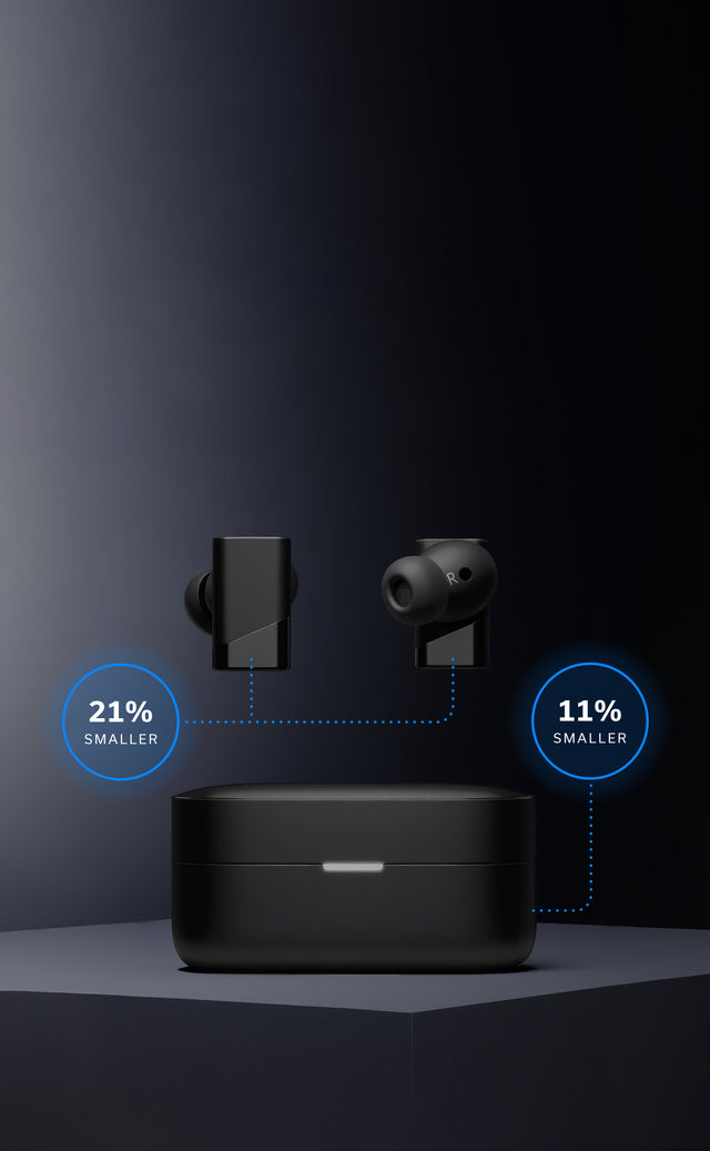 9:16 image of Pro X earbuds showing their decreased size